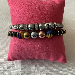 Silver Tone Mesh snd Tricolored Bead Bracelet Set